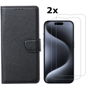 Hoesje Geschikt voor iPhone 15 Pro hoesje bookcase met 2x screenprotector – Zwart