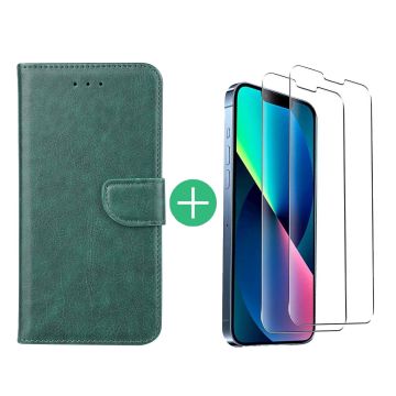 Hoesje Geschikt voor iPhone 13 bookcase met 2 Pack Screenprotector gehard glas – Groen
