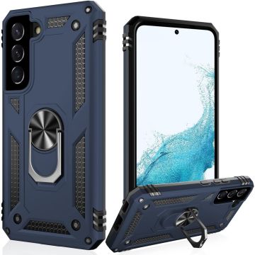 Samsung S22 Hoesje Anti-Shock Hybrid Armor Blauw - Samsung Galaxy S22 hoesje met Kickstand Ring Houder - Kunststof - Back Cover