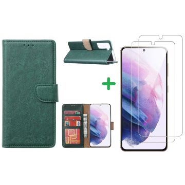 Samsung Galaxy S21 Plus hoesje wallet case Groen - Galaxy s21 Plus hoesje bookcase portemonnee book case hoes cover hoesjes met 2 pack Screenprotector