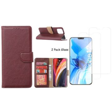 Hoesje Geschikt voor iPhone 12 Pro Max hoesje - portemonnee bookcase / wallet cover Bordeaux + 2x tempered glass / Screenprotector