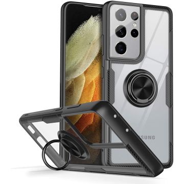 Samsung S21 Ultra hoesje - Luxe carbon TPU Backcover - Samsung Galaxy S21 Ultra met Ring houder / Ring vinger houder / standaard - Zwart
