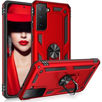 Samsung S21 Plus Hoesje - Samsung Galaxy S21 Plus armor case met Ring houder / Ring vinger houder / standaard - Rood