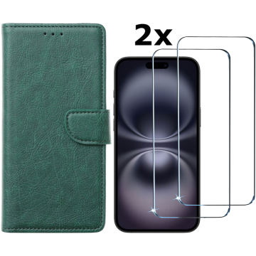Hoesje Geschikt voor iPhone 16 Plus hoesje bookcase met 2 stuks screenprotectors – Groen