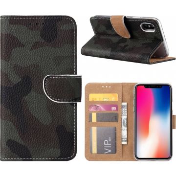 iPhone X / Xs Donkere Camouflage Design Booktype Kunstleer Hoesje Met Pasjesruimte
