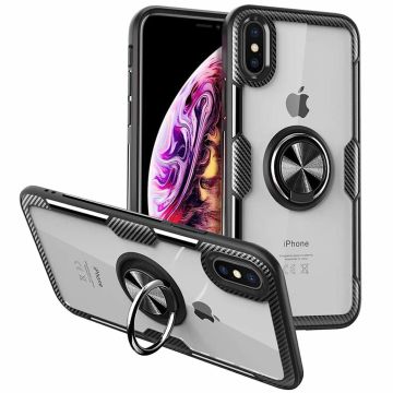 Hoesje Geschikt voor iPhone XR Luxe Back Hoesje & Metale Ring houder - Zwart