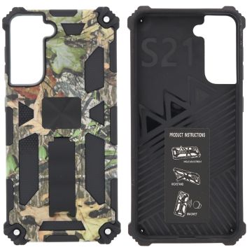 Samsung Galaxy S21 Hoesje - Rugged Extreme Backcover Blaadjes Camouflage met Kickstand - Groen