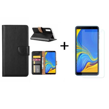 Ntech Samsung Galaxy A7 2018 Zwart BookType Hoesje & opbergvakjes + Glazen Screenprotector