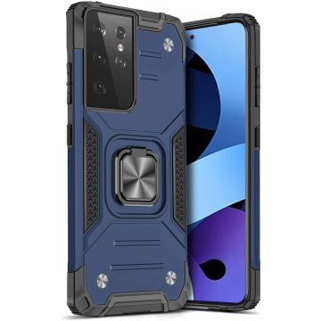 Samsung S21 Ultra Hoesje - Heavy Duty Armor hoesje Blauw - Galaxy S21 Ultra silicone TPU hybride hoesje Kickstand ringhouder met Magnetisch Auto Mount