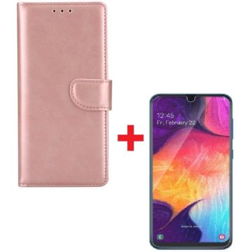 Ntech Samsung Galaxy A70/A70s Portemonnee hoesje Rose Goud Met Glazen screenprotector