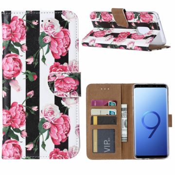 Ntech Samsung Galaxy S9 Vintage Roses & Stripes Boek hoesje met Pasjesruimte