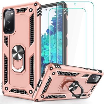 Samsung S20 FE Hoesje Armor case Ring houder / vinger houder TPU backcover - Rose Goud met 2 pack screenprotector