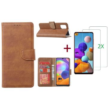 Samsung Galaxy A21S Hoesje Bruin / 2X glas Screenprotector