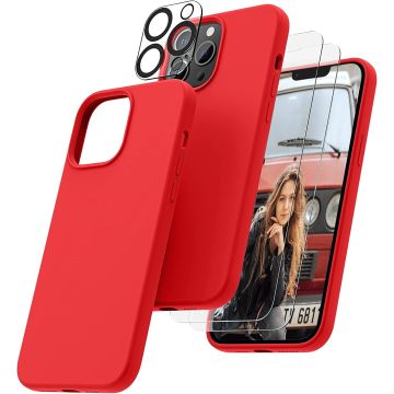 Hoesje Geschikt voor iPhone 14 Pro – Liquid siliconen backcover met 2x glazen screenprotector en camera lens protector – Rood