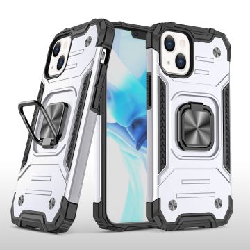 Hoesje Geschikt voor iPhone 13 Mini - Heavy Duty Armor Hoesje met Kickstand ringhouder – Zilver
