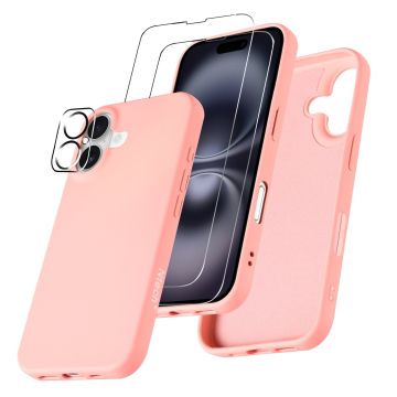 Hoesje Geschikt voor iPhone 16 Plus – Zacht siliconen liquid backcover met 2x screenprotectors gehard glas en 1x lens protector – Licht Roze