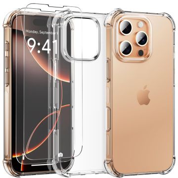 Hoesje Geschikt voor iPhone 16 Pro Max - transparant Anti Shock silicone hoesje met 2 Pack Screenprotectors tempered glass