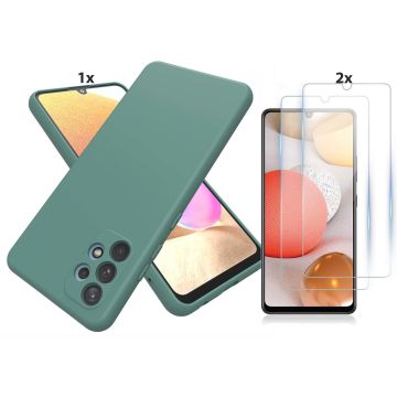Samsung Galaxy A32 4G Hoesje Soft Nano Silicone Backcover Gel Donkergroen Met 2x Glazen Screenprotector