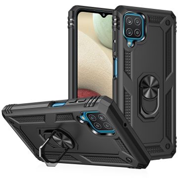 Samsung A12 Hoesje - Galaxy A12 Zwart hoesje Anti-Shock Hybrid Armor case Ring houder TPU backcover met kickstand