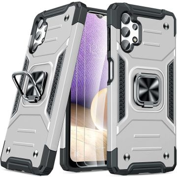 Samsung Galaxy A32 4G Hoesje Heavy Duty Armor Hoesje Zilver - Galaxy A32 4G Case Kickstand Ring cover met Magnetisch Auto Mount- Samsung A32 4G screenprotector 2 pack