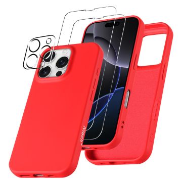 Hoesje Geschikt voor iPhone 16 Pro – Zacht siliconen liquid backcover met 2x screenprotectors gehard glas en 1x lens protector – Rood