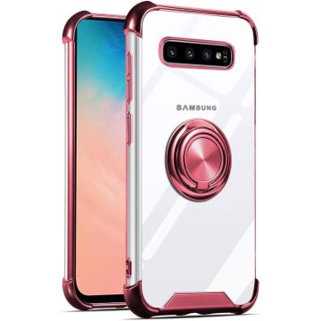 Samsung Galaxy S10 hoesje silicone met ringhouder Back Cover Case - Transparant/Rosegoud