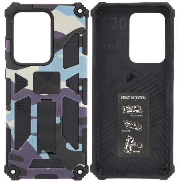 Samsung Galaxy S20 Ultra Hoesje - Rugged Extreme Backcover Camouflage met Kickstand - Paars