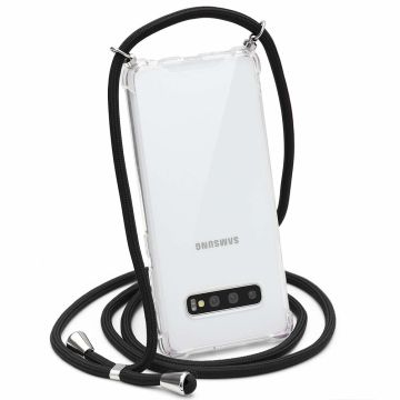 Samsung S10 Hoesje transparant silicone met Koord - Galaxy S10 Koord hoesje draagkoord TPU backcover - Zwart