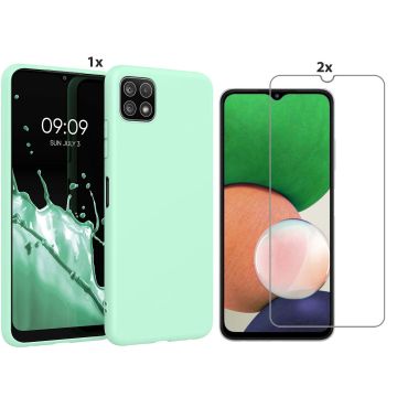Samsung Galaxy A22 5G Hoesje Soft Nano Silicone Backcover Gel Turqoise Met 2x Glazen Screenprotector