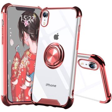 Hoesje Geschikt voor iPhone XS Max hoesje silicone met ringhouder Back Cover case - Transparant/Rosegoud