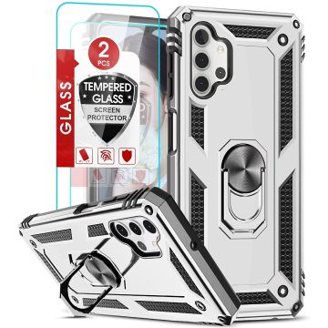 Samsung A13 4G Hoesje Hybrid Armor case Zliver - Samsung Galaxy A13 4G hoesje kickstand Ring houder TPU backcover Anti-Shock hoesje - met screenprotector Galaxy A13 4G - 2 pack