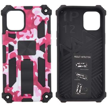 Hoesje Geschikt voor iPhone 12 Mini Hoesje - Rugged Extreme Backcover Camouflage met Kickstand Pink