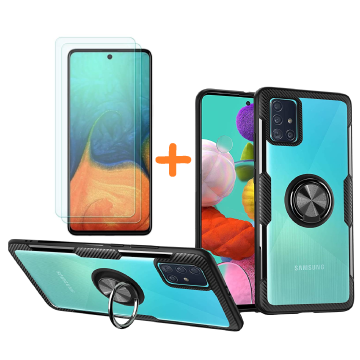 Samsung Galaxy A71 hoesje Luxe carbon TPU Backcover Met Metalen Ring Houder - Zwart met 2 pack screenprotector