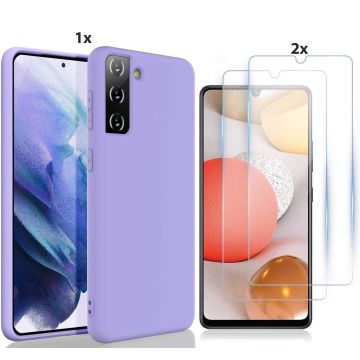 Samsung Galaxy S21 Hoesje Soft Nano Silicone Backcover Gel Lila Paars Met 2x Glazen Screenprotector