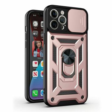 Hoesje Geschikt voor iPhone 13 pro Hoesje met Camera Bescherming Rosegoud – met ring houder Rugged Armor Back Cover - Case - Camera Schuif