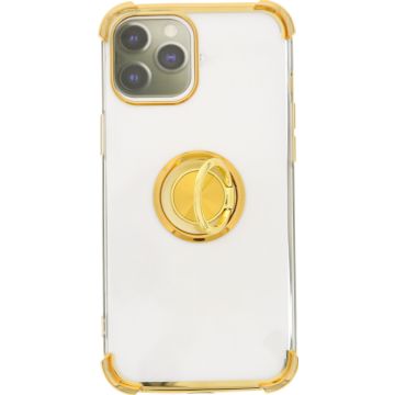 Hoesje Geschikt voor iPhone 11 Pro hoesje silicone met ringhouder Back Cover case - Transparant/Goud