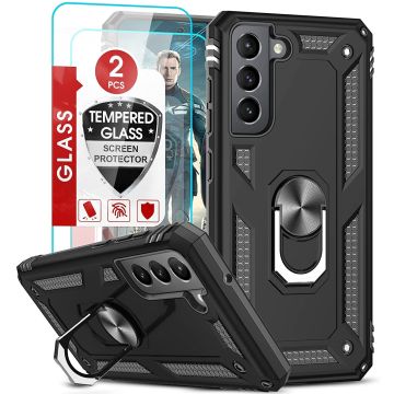 Samsung S21 FE Hoesje armor Met ring houder Zwart - Samsung Galaxy S21 FE hoes met Kickstand TPU backcover hoesje - Galaxy s21 FE screenprotector 2 pack