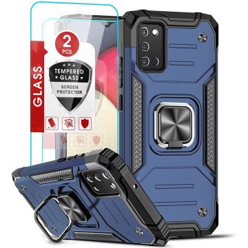 Samsung A03s Hoesje Heavy Duty Armor Hoesje Blauw - Galaxy A03S Case Kickstand Ring cover met Magnetisch Auto Mount- Samsung A03S screenprotector 2 pack