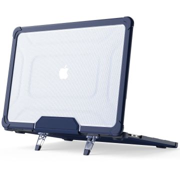 Hoes Geschikt voor Macbook Air 13.6 inch Hoes Donker Blauw shockproof heavy duty hoesje - Macbook Air M2 / M3 2022 2023 2024 / A3113 M3/ A2681 M2 case met Opvouwbare kickstand hoes hardcover