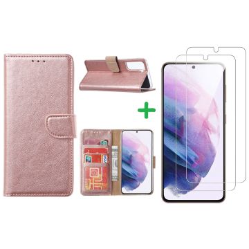 Samsung S21 FE hoesje bookcase Rose Goud - Samsung Galaxy S21 FE hoesje portemonnee boek case - S21 FE book case hoes cover - Galaxyt S21 FE screenprotector / 2X tempered glass
