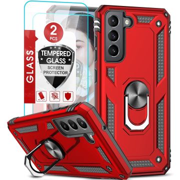 Samsung S21 FE Hoesje armor Met ring houder Rood - Samsung Galaxy S21 FE hoes met Kickstand TPU backcover hoesje - Galaxy s21 FE screenprotector 2 pack