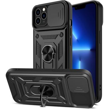 Hoesje Geschikt voor iPhone 13 Mini Hoesje met Camera Bescherming Zwart – met ring houder Rugged Armor Back Cover - Case - Camera Schuif