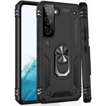 Samsung S22 Plus Hoesje Anti-Shock Hybrid Armor Zwart - Samsung Galaxy S22 Plus hoesje met Kickstand Ring Houder - Kunststof - Back Cover