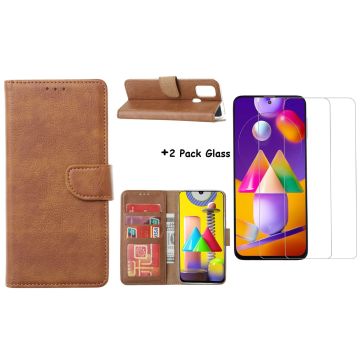 Samsung Galaxy M31S Boek Hoesje / Wallet cover - Bruin Met 2X glas Screenprotector