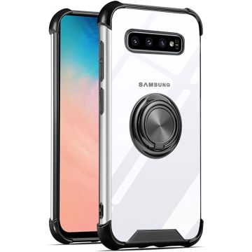 Samsung Galaxy S10 hoesje silicone met ringhouder Back Cover Case - Transparant/Zwart
