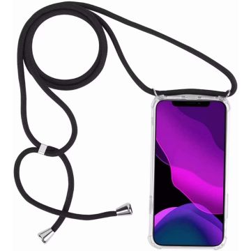 Samsung A70 Hoesje transparant silicone met Koord - Galaxy A70 Koord hoesje draagkoord TPU backcover - Zwart