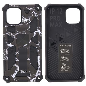 Hoesje Geschikt voor iPhone 12 Pro Max Hoesje - Rugged Extreme Backcover Marmer Camouflage met Kickstand - Zwart