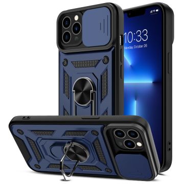 Hoesje Geschikt voor iPhone 13 Hoesje met Camera Bescherming Blauw - Hoesje Geschikt voor iPhone 13 met ring houder Rugged Armor Back Cover - Case - Camera Schuif