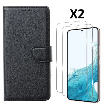 Hoesje Geschikt Voor Samsung Galaxy S23 Hoesje met Pasjeshouder - bookcase – Met 2x Screenprotector / gehard glas – Zwart