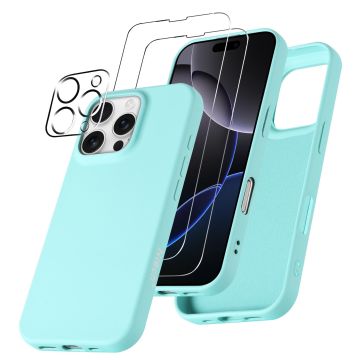 Hoesje Geschikt voor iPhone 16 Pro – Zacht siliconen liquid backcover met 2x screenprotectors gehard glas en 1x lens protector – Mint Groen